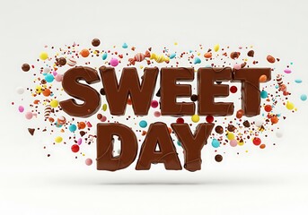 The words Sweet Day rendered in 3D chocolate text surrounded by an explosion of colorful candies and sprinkles on a white background.