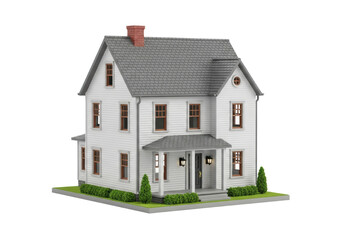Meticulously crafted miniature white house with gray roof, red chimney, dark door, and green bushes, isolated on a transparent background with copy space, ultra realistic product photography concept