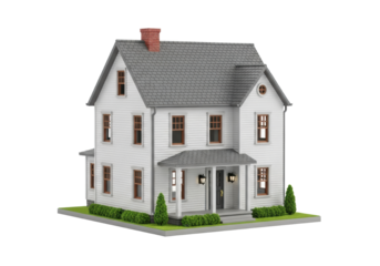 Meticulously crafted miniature white house with gray roof, red chimney, dark door, and green bushes, isolated on a transparent background with copy space, ultra realistic product photography concept