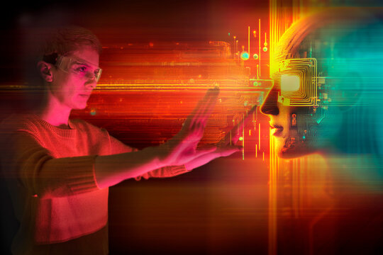 Person interacting with virtual reality holographic technology display