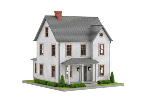 Meticulously crafted miniature white house with gray roof, red chimney, dark door, and green bushes, isolated on a transparent background with copy space, ultra realistic product photography concept
