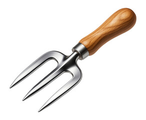 Obraz premium Compact hand-held garden fork with three sturdy prongs, designed for weeding small flower beds in a cottage garden.