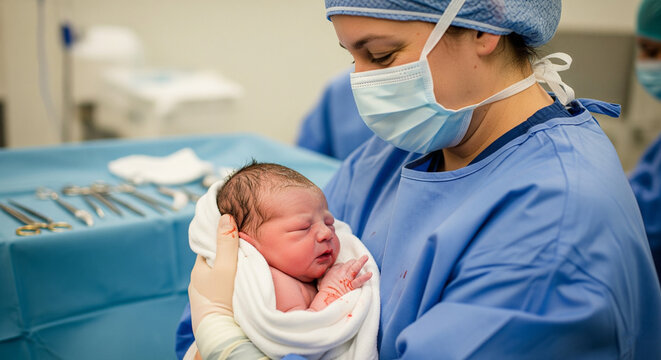 A newborn C section baby is gently held by  masked doctor in a delivery room immediately after birth, moments filled with care and emotion