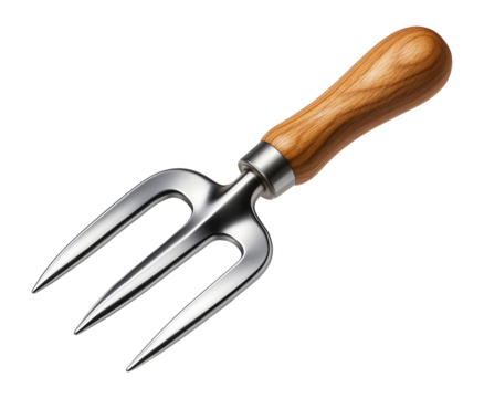 Compact hand-held garden fork with three sturdy prongs, designed for weeding small flower beds in a cottage garden.