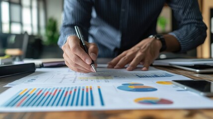 Fototapeta premium Person analyzing financial charts and graphs on a wooden table.