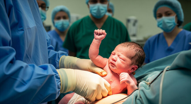 A newborn C section baby is gently held by  masked doctor in a delivery room immediately after birth, moments filled with care and emotion