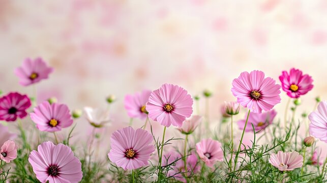 Gluten free baking ingredients, A vibrant display of pink and white cosmos flowers set against a soft, blurred background, creating a serene and cheerful atmosphere.