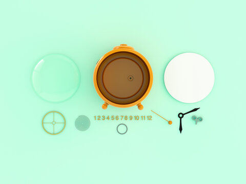 Alarm clock components sorted in a row on pastel background