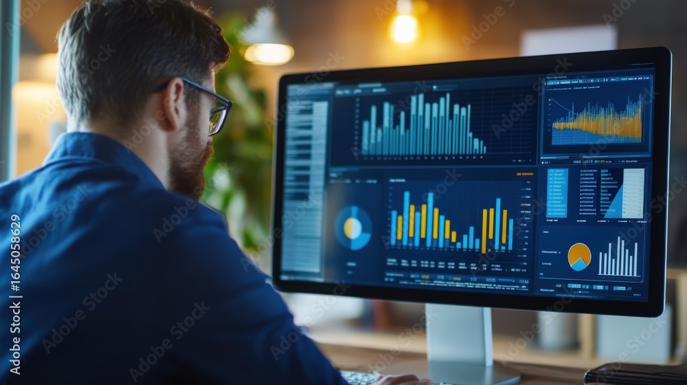 Poster person concentrating on a computer screen with detailed business graphs.