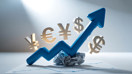 Upward Arrow with Global Currency Symbols and Crumpled Paper