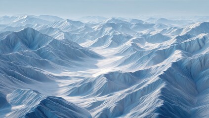 An expansive, aerial view of a vast, snow-covered mountain range under a pale sky, showing intricate details of peaks and valleys