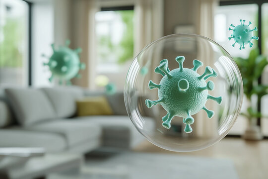 Airborne Bacteria And Viruses Floating Inside A Modern Home Living Room Generative AI - Powered by Adobe