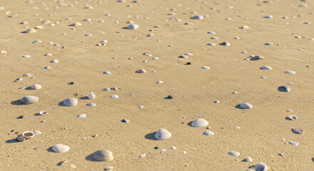 Seashells scattered on light beige sand.