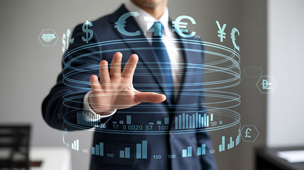 Businessman Interacting with Futuristic Global Financial Data Display