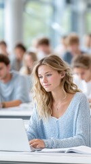 Focused Female Student Typing Notes on Laptop in Classroom