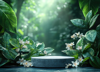 Cosmetic Product Podium Surrounded by Tropical Greenery and Leaves