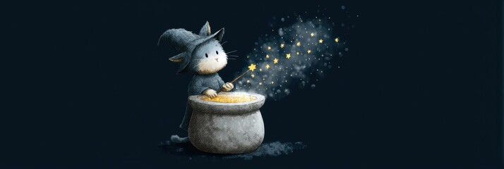 Sparkly Cat Wizard Stirring a Teapot Under a Magical Constellation at Night