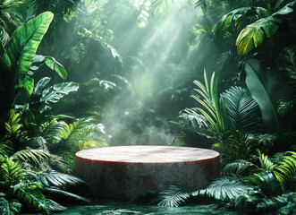 Natural Light Mockup with Podium in Lush Green Forest