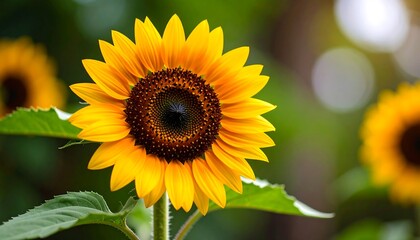 Fototapeta premium Vibrant yellow sunflower in focus, with blurred background and other sunflowers