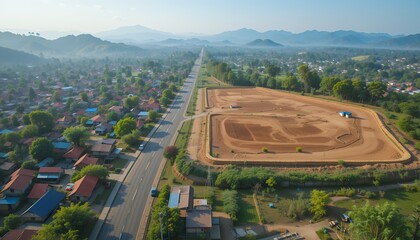 aerial view of a suburban area with a dirt racetrack next to a long straight road bordered by