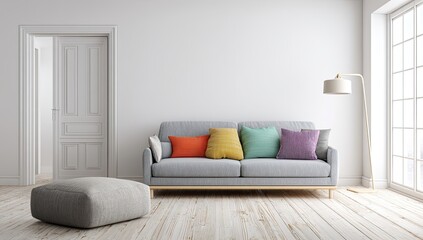 Minimalist living room with grey sofa, colorful pillows, light wood floors, white walls, and a floor lamp near a large window