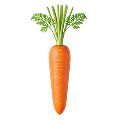 A single, vibrant orange carrot with lush green leafy tops and glistening dew drops, perfectly isolated against a transparent background, captured with tack-sharp focus and professional studio