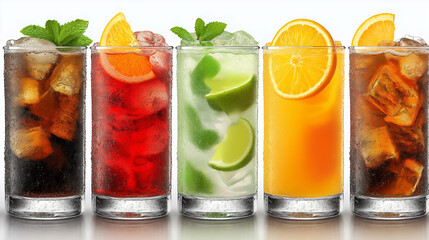 Refreshing Beverage Variety: Five Glasses Of Colorful Drinks With Ice And Citrus Garnishes In A Row