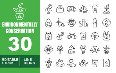Environmentally Conservation set of web icons in line style. Exclusive Environmentally Conservation linear icon collection. Containing solar, truck, cup, plant, water, windmill, bin. Editable stroke 