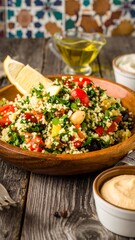 Vibrant tabbouleh salad in a rustic bowl, garnished with lemon
