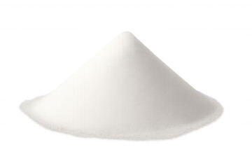 White powder forming conical pile on transparent surface, highlighting texture for food, cosmetic, pharmaceutical product visualization