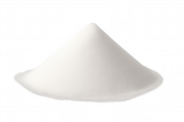 White powder forming conical pile on transparent surface, highlighting texture for food, cosmetic, pharmaceutical product visualization