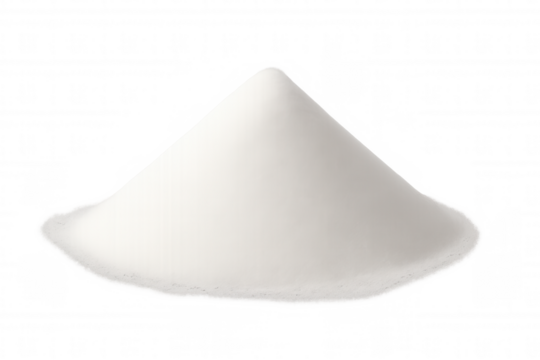 White powder forming conical pile on transparent surface, highlighting texture for food, cosmetic, pharmaceutical product visualization
