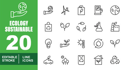 Ecology Sustainable set of web icons in line style. Exclusive Ecology Sustainable linear icon collection. Containing globe, windmill, fuel, bag, plant, factory, water, car, and more. Editable stroke