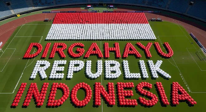 Massive human mosaic forming the Indonesian flag and 'Dirgahayu' text in a green football stadium, viewed from above. - Powered by Adobe