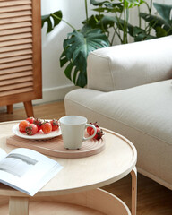 Serene Morning Coffee Break A Cozy Lifestyle Scene with Coffee, Fruit, and Wooden Tray, Cup of...