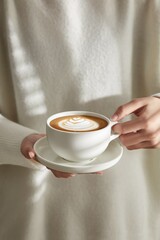 Woman's Hands Holding a Cup of Latte Art Coffee, Woman holding a cup of cappuccino or latte art...