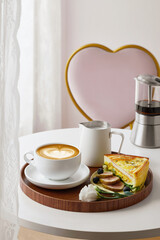 Romantic Coffee Break Latte Art, Quiche, and a Heart-Shaped Chair, Breakfast with coffee,...