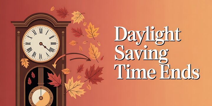 Photo of daylight saving time ends message with a grandfather clock and falling autumn leaves on an orange gradient background