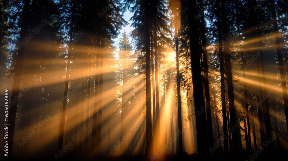 Aufkleber sunlight streaming through tall trees in a serene forest, creating a magical atmosphere at dawn