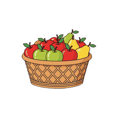 A colorful basket of fresh, healthy organic fruits and vegetables like apples, tomatoes, and salad greens, isolated on a white background