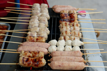 Grilled sausage and meatball. Thailand street food