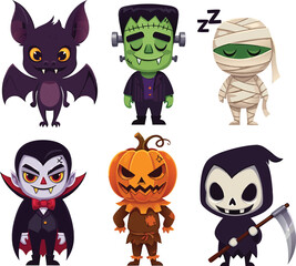 Adorable halloween character collection including a vampire frankenstein monster bat pumpkin and mummy