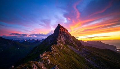Dramatic Mountain Peak Bathed in Fiery Sunset Light, Lofoten Islands, Norway