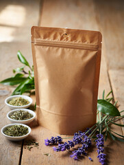 Blank Kraft Paper Pouch Mockup: Herbal Tea Packaging, Rustic Wooden Background, Lavender, Calm Mood.