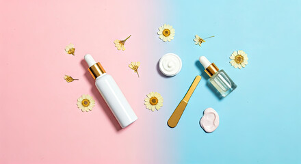 Skincare Products on Pink and Blue Gradient Background with Flowers