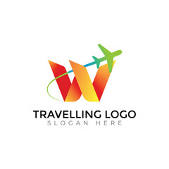 Fototapeta premium Modern Travel Agency Letter Logo with Airplane and Sunset Design