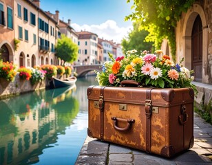 Vintage suitcase overflowing with vibrant flowers sits beside a tranquil canal in a quaint European town