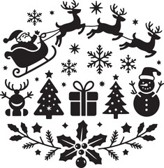 Black Silhouette Christmas Icon Collection – Santa, Reindeer, Snowman, Trees, Gifts, and Festive Holiday Symbols