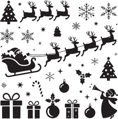 Black Silhouette Christmas Icon Collection – Santa, Reindeer, Snowman, Trees, Gifts, and Festive Holiday Symbols