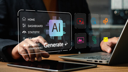 Businessman using laptop with Al content generation platform, video, photo, digital data icons, and...